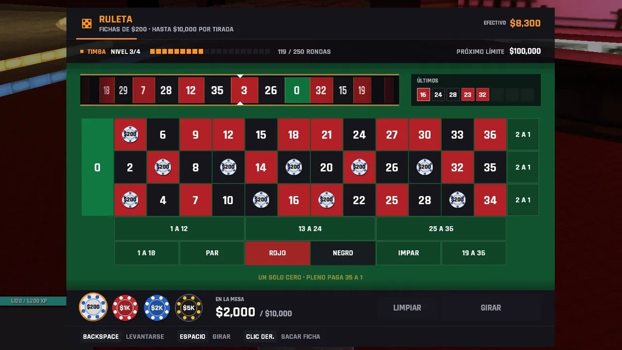 La mesa de ruleta del casino, con fichas apostadas