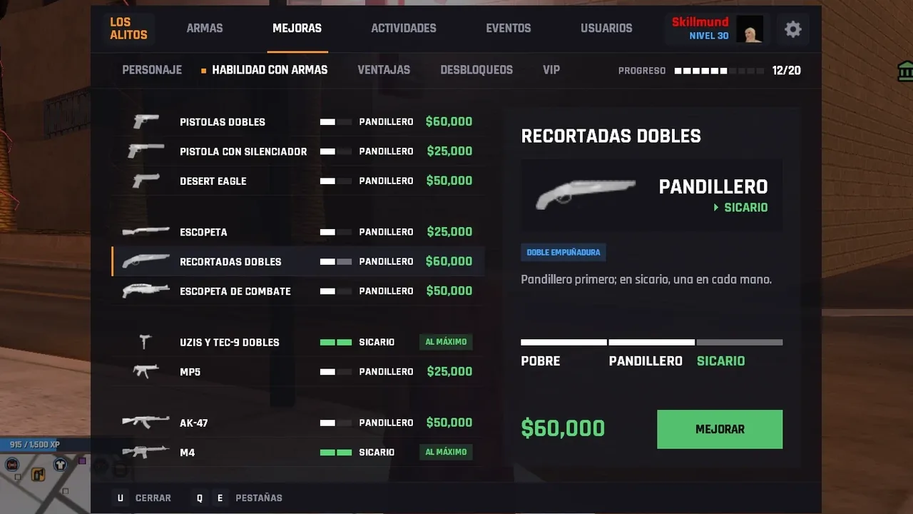 El menú U abierto en Mejoras, con las habilidades con armas y sus precios